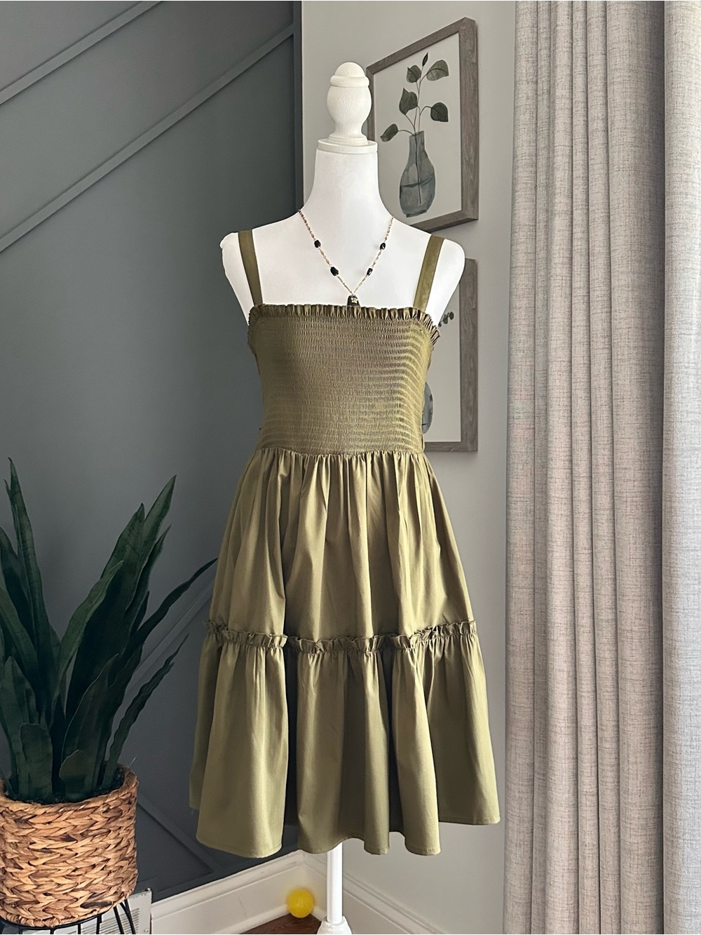 Olive Green Backless Smocked Sundress - Women